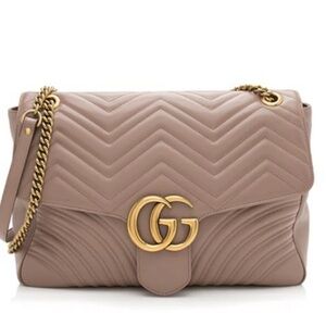 Gucci Marmont  Chevron Large Shoulder Bag in Blush Taupe with Gold Hardware